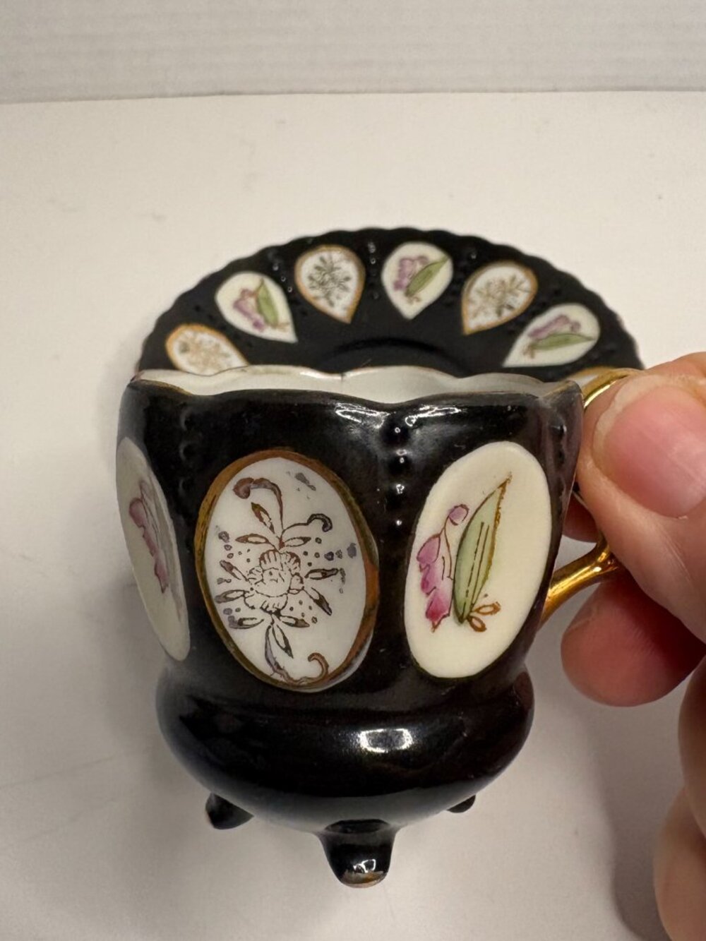 Vintage Ohashi Occupied Japan Black Panel Demitasse Cup & Saucer Floral Gold - Picture 2 of 6